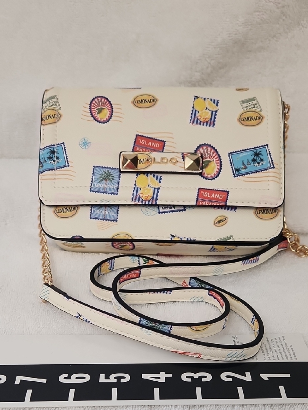 NWOT Aldo Cream Crossbody with Multicolor Stamp-Print and Gold Chain